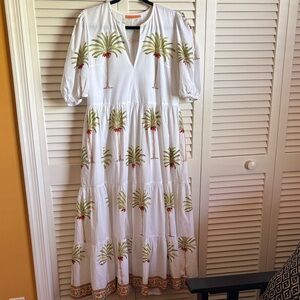 Oliphant White Maxi Dress with Green Palm Motif and Red Accents